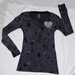 Pink Victoria’s Secret Y2K Metallic Paint Splatter Bling Logo Henley Top SZ.S